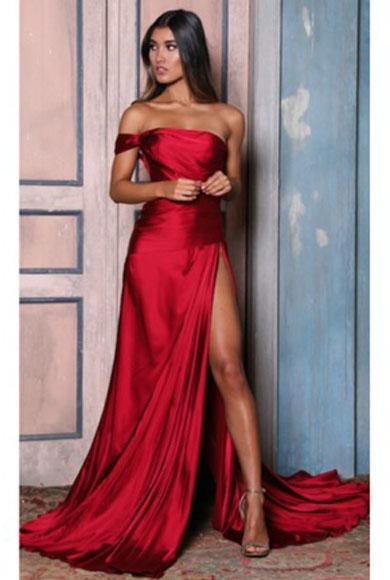 JEANIE off shoulder split satin dress
